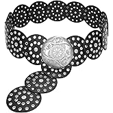 JASGOOD Western Belts for Women Wide Hollow Disc Leather Belt Cowgirl Waist Belt for Jeans Dresses with Metal Buckle