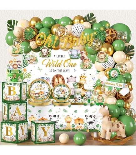 TZ-A02 Babyparty Einladungs-Set – Grünes Blumen-Safari-Thema, 25 Einladungen, Umschläge, Windel-Tickets & Buchanfragekarten