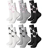 Fourluoo 6 Pairs Women's Crew Ruffle Socks with Bow Retro Mid-calf Socks for Fall Winter Breathable Cotton Crew Stockings