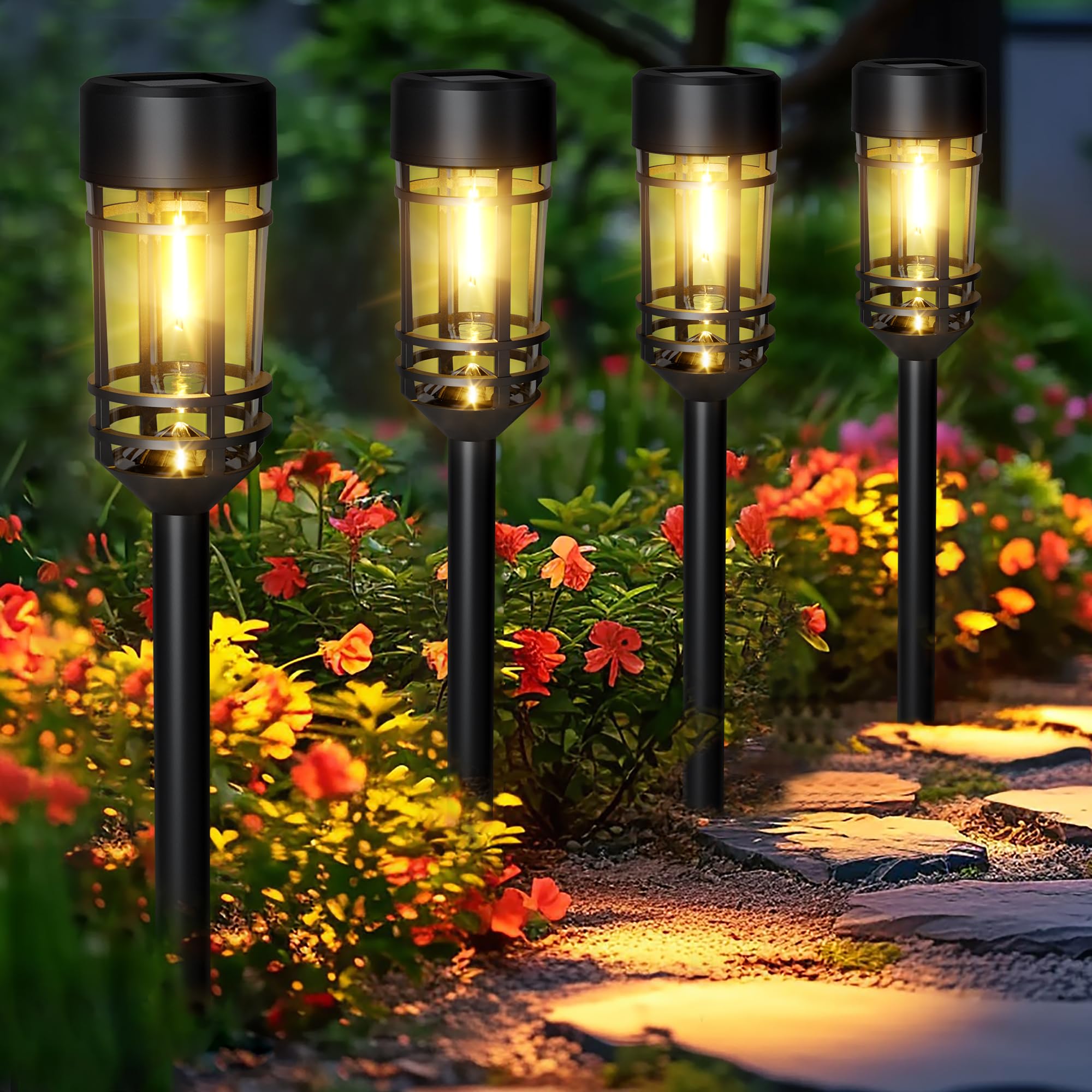 GIGALUMI Solar Lights Outdoor Garden 4 Pack, Waterproof Solar Powered Pathway Lights Outdoor, Tungsten Glow for Yard Path Patio Landscape Walkway（Warm White） — image 1