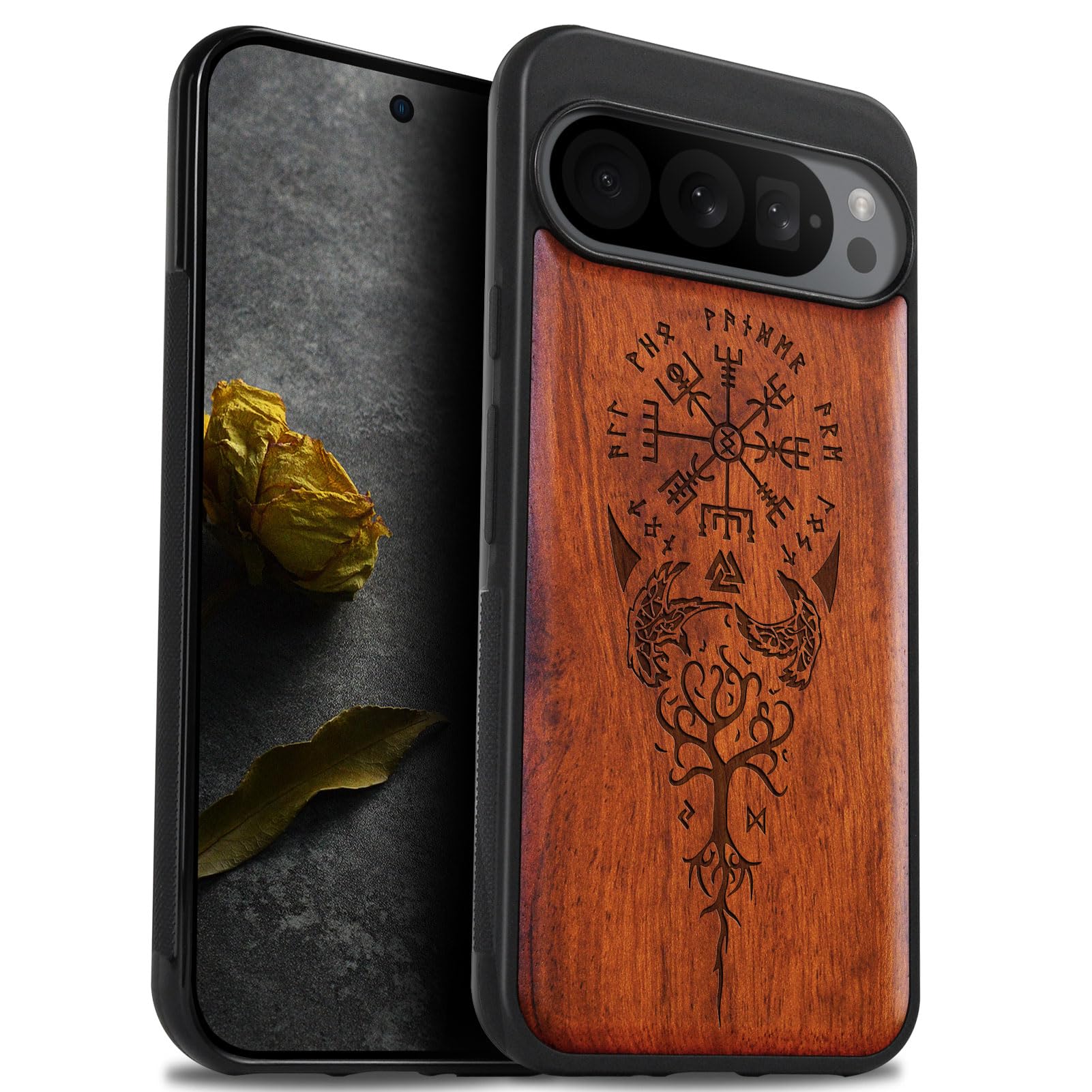 Carveit Wood Case for Pixel 9 Pro XL Case [Natural Wood & Black Soft TPU] Shockproof Protective Unique Wooden Cover Compatible with Google Pixel 9 Pro XL (The Guiding Vegvisir-Rosy)
