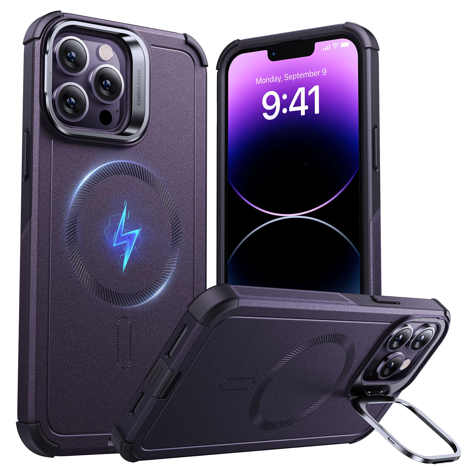 Photo 1 of ESR for iPhone 14 Pro Case with Stand, 23 ft Military-Grade Drop Protection Heavy Duty Magnetic Phone Case, Compatible with MagSafe Accessories, Cyber Series, Purple