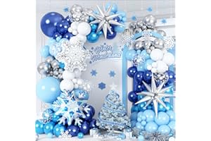 PAEYEQ Winter Wonderland Snowflake Balloon Garland Arch Kit, 108PCS Blue and White Silver Christmas Balloons with Snowflake Foil Balloons for Snow Princess Holiday Xmas New Year Birthday Party Decorations