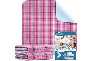 OUTCREATOR® Washable Bed Pads 34" x 54" (Pack of 2) for Incontinence Mattress Protector, Reusable Underpads for Elderly, Adults, Kids, Pets with Anti-Slip Bottom (Pink Plaid)