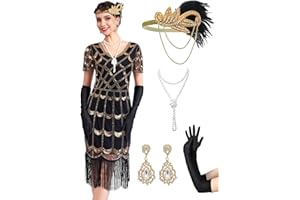 MTITE 1920S Dresses for Women, Fringed Sequin Dresses Set, Roaring 20s Costumes with 20s Accessories for Harlem Nights