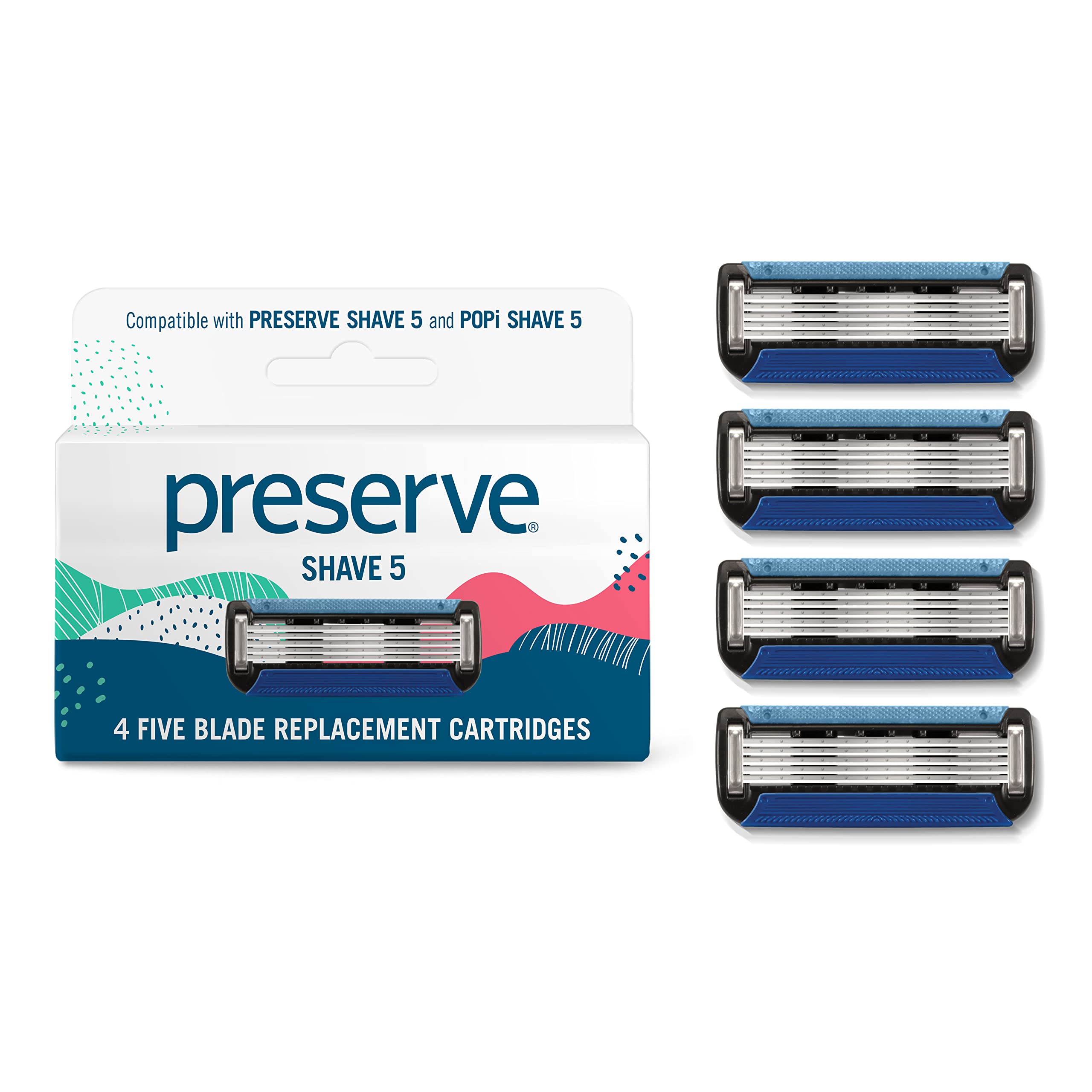 Preserve Shave 5 Razor Blades Refills - 5 Blade Razors for Men & Women - Ceramic Coated Shavers for Comfort with Aloe-Cocoa Butter Strip - Reusable Shaving Refill - 4 Pack