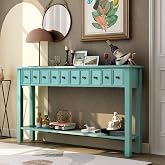 Merax Vintage Entryway Table 60 inch,Long Console Table, Turquoise Green | with Drawers and Shelf, for Entryway Easy Assembly Hallway Table