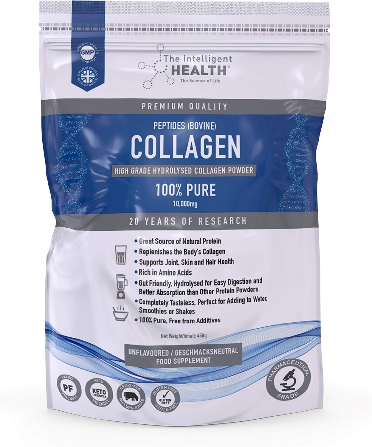 The Intelligent Health Collagen Powder, Pure Hydrolysed Bovine Peptides, Unflavoured High Protein Formula, Grass Fed