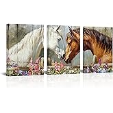 SkenoArt White and Bay Horse Canvas Wall Art Horse with Wild Flowers Pictures Painting Print Artwork Farmhouse Animal Wall Art for Living Room Bathroom Office Wall Decoration Ready to Hang