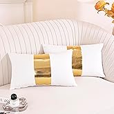 TAOSON Pack of 2 Velvet Decorative Throw Pillow Covers White Patchwork with Gold Striped Leather Pillow Covers 12 × 20 Inch Cushion Covers Decor Living Room Sofa Bedroom Car Only Cover No Insert