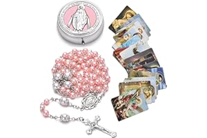 SZQCZB Glass Pearl Rosary Beads Catholic for Women, Virgin Mary Medal - First Communion Rosary for Girls with Virgin Mary Miraculous Gift Box and 18pcs Prayer Cards