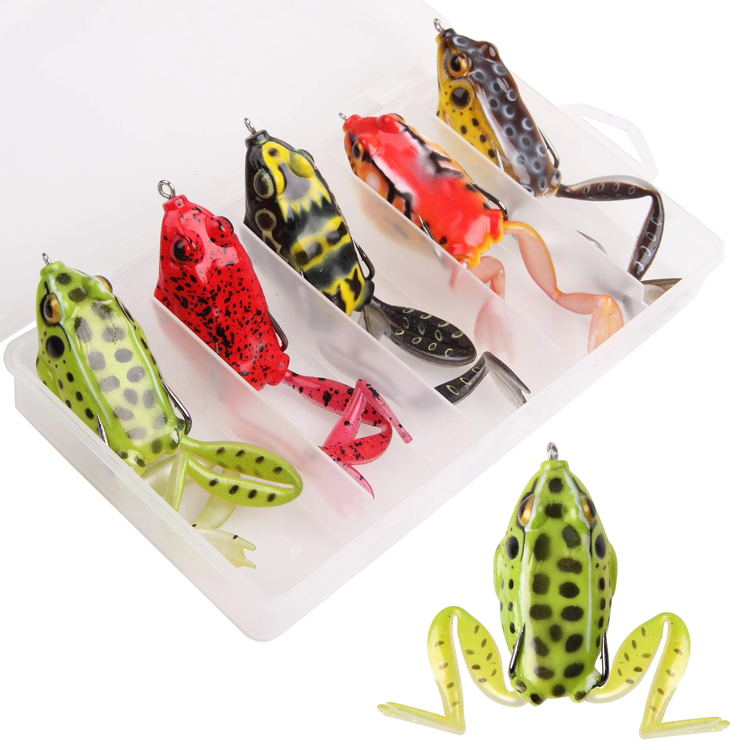 5pcs Frog Fishing Lures, Soft Fishing Baits Topwater Crank Baits Weedless Swimbait with Hook for Pike Bass Salmon Snakehead Musky Dogfish