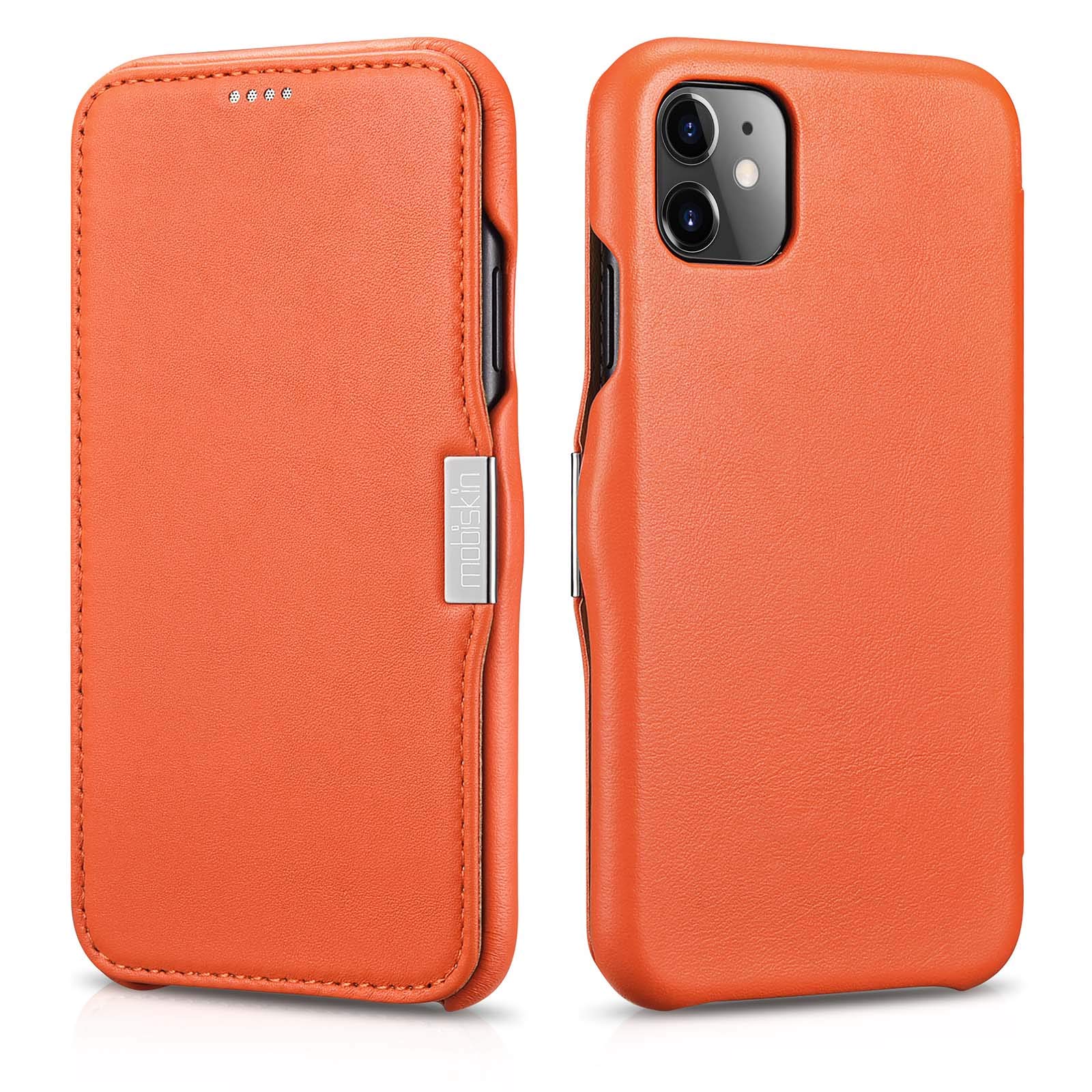 Mobiskin case compatible with Apple iPhone 11 (6.1 inch), cover with genuine leather, book-style protective phone case, ultra-slim folio, thin wallet, orange