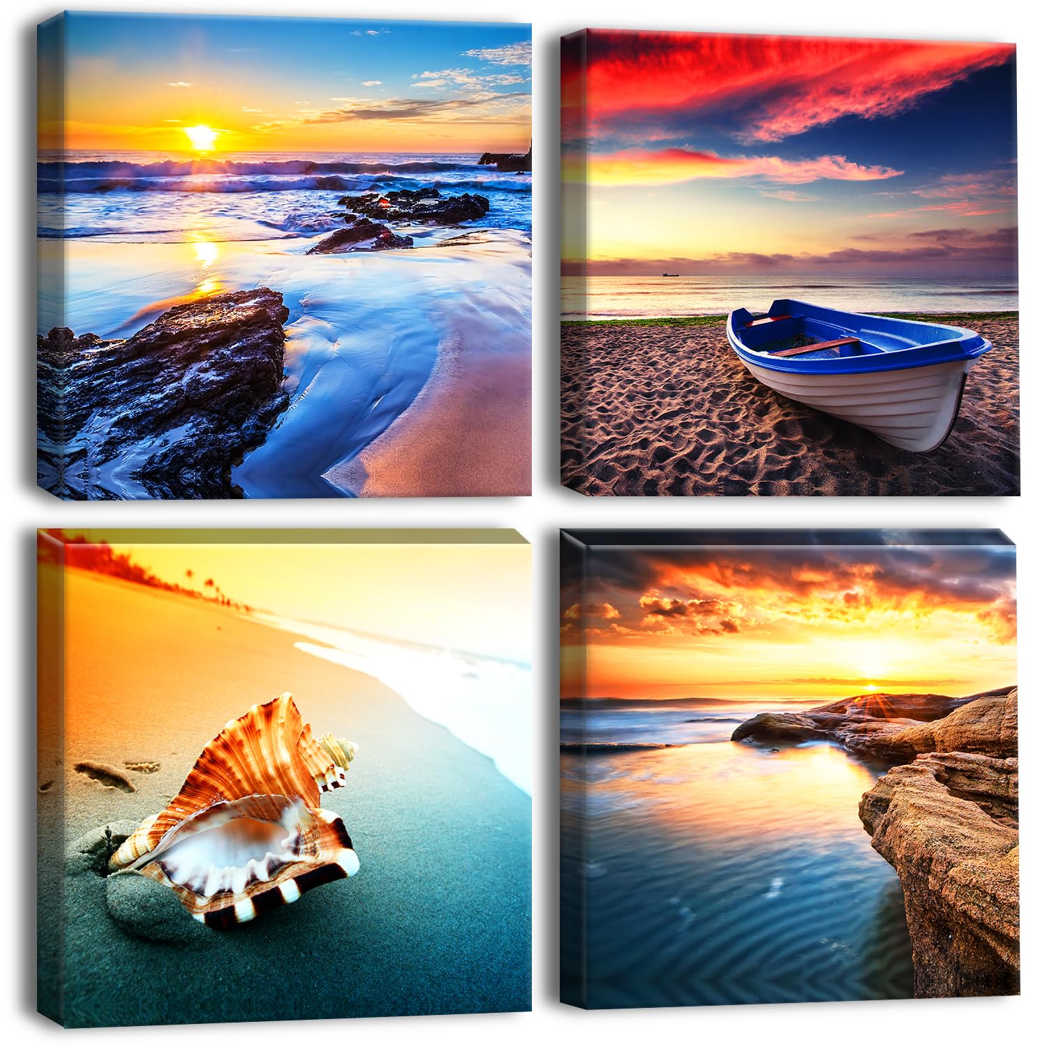 Artscope 4 Pieces Wall Art Canvas Prints - Sunset Seaside Scenery Picture Painting- Modern Wall Artwork Framed for Bathroom Home Office Decor - 30 x 30 CM