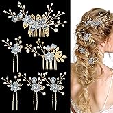 6 Pcs Bridal Hair Accessories French Hair Side Combs and Hair Pins,Gold Wedding Jewelry Headpiece with Rhinestone for Brides Bridesmaids Women Girls(Blue Flower)