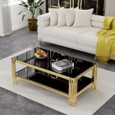 Henf Modern 48" Glass Coffee Table, 2-Tier Rectangular Cocktail Table with Black Glass Top and Gold Mirrored Stainless Steel Base for Living Room
