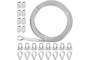 MARIOCSA Thickened 3/16" 50ft Stainless Steel Cable with Wire Rope Clip, Thimble and Aluminum Crimping Loop Sleeve, 7X19 Strands Aircraft Cable, 3700lbs Breaking Strength for Deck Railing, String Lights