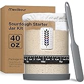 Premium Pro Sourdough Starter Jar Kit - 40oz Large Wide Mouth Sourdough Bread Jar with Marked Feeding Band, Thermometer, Scraper, Cloth Cover and Silicone Lid/Base, Glass Container, Baking Supplies