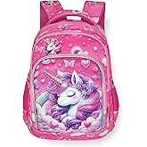 usmikeys Pink Unicorn Girls Backpack Cute Kids School Bag for Elementary Toddler Kindergarten Preschool, Children's Bookbag Travel Back Pack With Chest Strap 15"