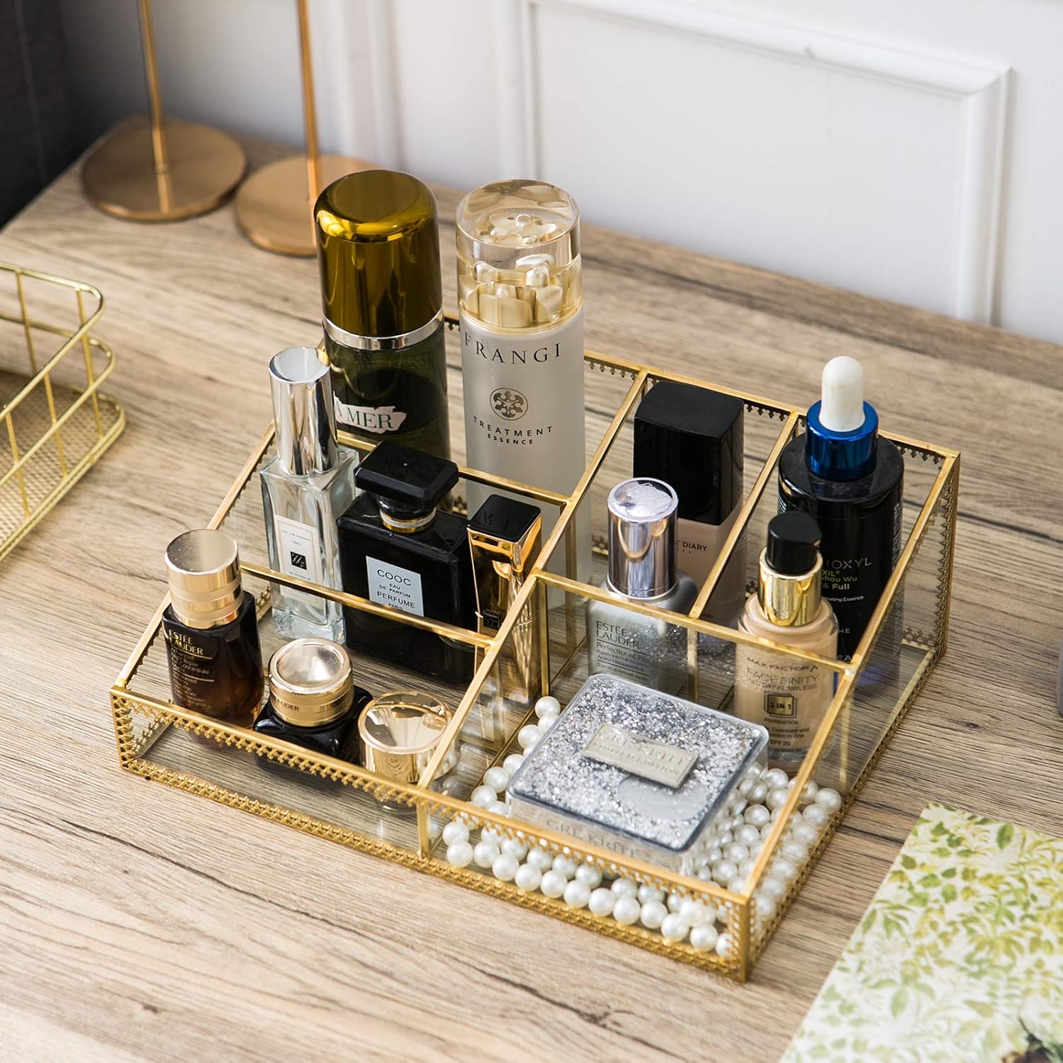 Smart Wyche Large Glass Makeup Organizer Gold Cosmetic Storage Display Case with 6 Compartments for Brushes Lipstick Perfume Concealers, Makeup Holder for Bedroom Bathroom, Easy Visibility - Metal: Home Improvement