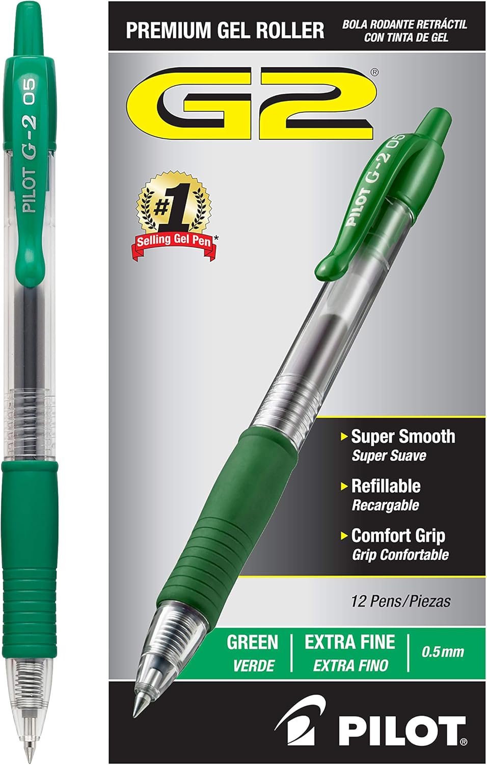 PILOT G2 Premium Refillable & Retractable Rolling Ball Gel Pens, Extra Fine Point, Green Ink, 12-Pack (31005)