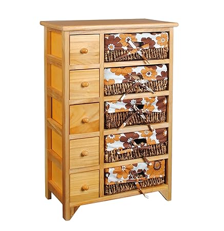 ts-ideen Retro 70er Jahre Kommode Regal Schrank mit 5 Schubladen 5 Körben mit Blumenmuster Orange Braun