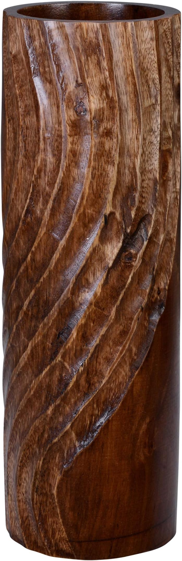 VILLACERA 83-DT5832 Handmade 15" Tall Brown Round Mango Decorative Wave Carved Cylinder Vases | Eco-Friendly and Sustainable Wood