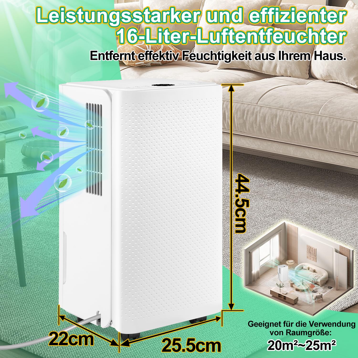 EINFEBEN Luftentfeuchter 16L/24h Entfeuchtungsleistung - für Raumgröße ca. 160m³ (~60 m²)- mit 4 Betriebsarten, Farbtemperatur-Tipps, Ablaufschlauch, Timerbetrieb, Abtaufunktion