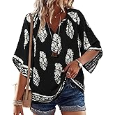 Bebonnie Womens 3/4 Sleeve V Neck Bohemian Peasant Blouses Casual Loose Fit Tunic Tops