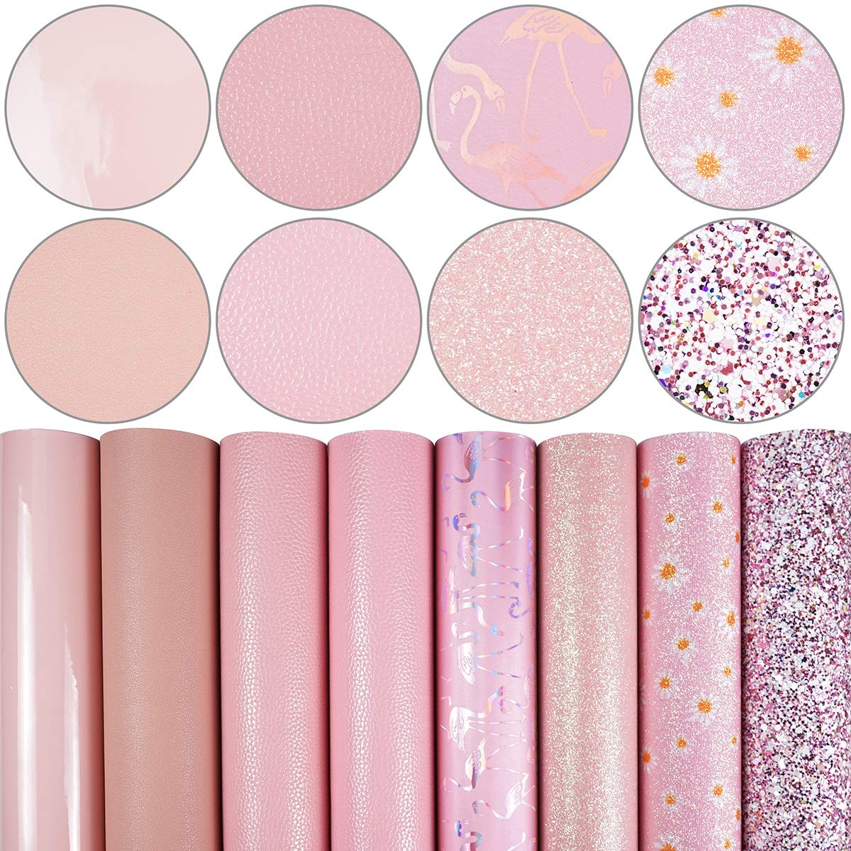 8 Pieces 8x12 Inch (21cmx30cm) Faux Leather Sheets Mixed Light Pink Series Daisy Fine Chunky Glitter Patent Metallic Litchi Holographic Flamingo Leather Fabric for Bows Earrings Making DIY Craft