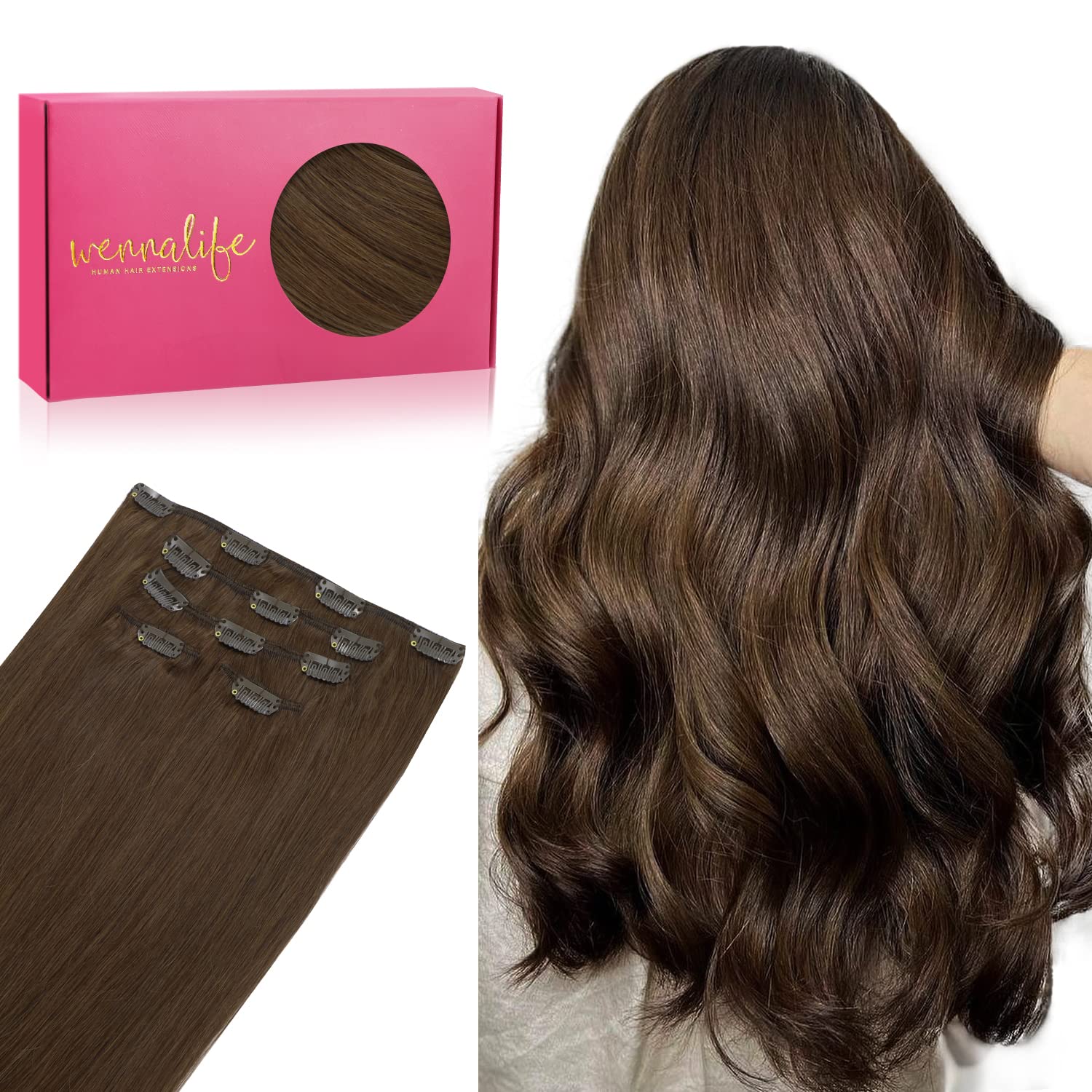 Wennalife Clip In Hair Extensions, 20 Inch 80g 5pcs Chocolate Brown Hair Extensions Clip In Real Hair Remy Human Hair Extensions Natural Silky Clip In Human Hair Extensions — image 1