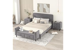 Polibi 4-Piece Queen Size Bedroom Furniture Set, Velvet Upholstered Platform Bed with Storage Bench and Two 2-Drawer Nightstands