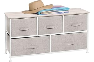 mDesign 21.65" High Steel Frame/Wood Top Storage Dresser Furniture Unit with 5 Removable Fabric Drawers - Wide Bureau Organizer for Bedroom, Living Room, Closet - Lido Collection, Linen/Tan