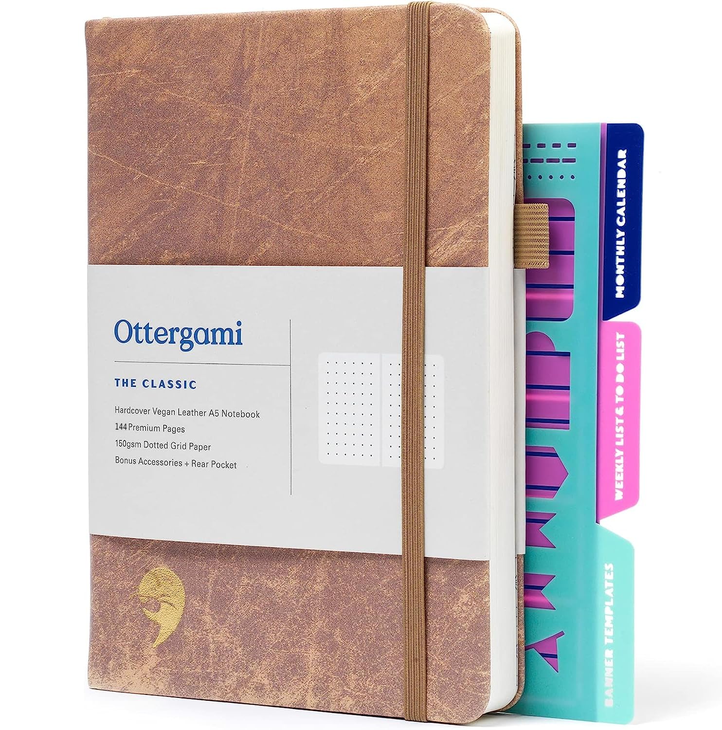 Ottergami Bullet Dotted Journal Set | Hardcover 150gsm Dotted Journal Notebook | A5 Notebook | Dotted Notebook Journaling Kit Includes: Stencils, Rear Pocket & Pen Holder | The Classic