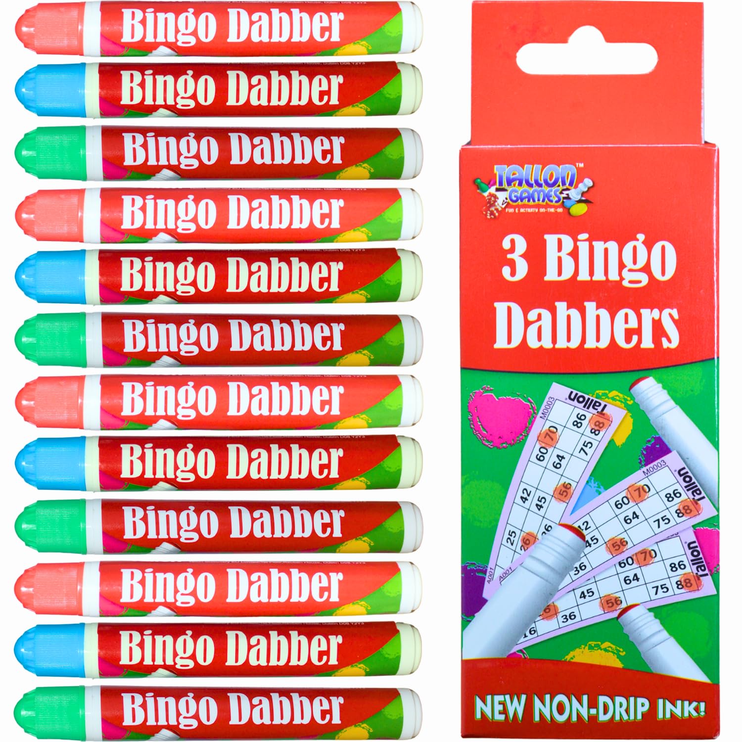 BESTUS Bingo Dabbers Bundle - 12 Non-Drip Markers in Bright Red, Blue, and Green - Mess-Free Pens for Game Nights, Bingo Halls, and Family Fun (4 Packs)