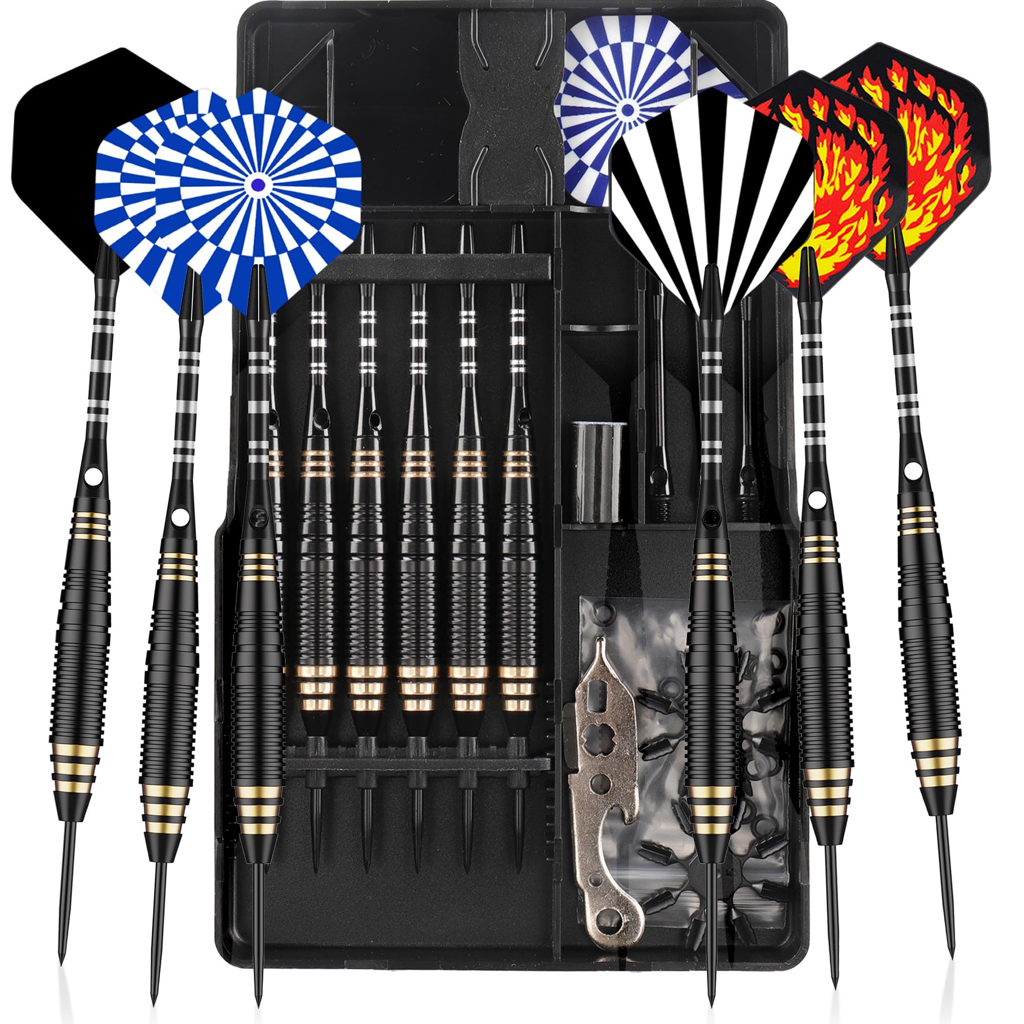 CyeeLife CareGames 6pcs Steel Tip Darts,Professional 24g Metal Dart Set with 12 Dart Flights,9 Aluminum shafts,20 Rubber O-Rings,2 Protectors,Sharpener,Tools and Darts case (Black)