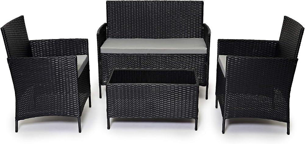 EVRE Black Rattan Garden Furniture Set 4 Seater with Cushions Glass Table