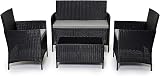 EVRE Black Rattan Garden Furniture Set 4 Seater with Cushions Glass Table