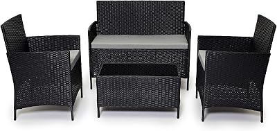 EVRE Black Rattan Garden Furniture Set 4 Seater with Cushions Glass Table