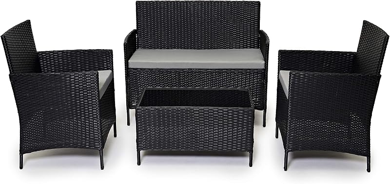 EVRE Black Rattan Garden Furniture Set 4 Seater with Cushions Glass Table