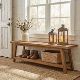 TRIBEWOOD Solid Wood Entryway Bench with Shoe Storage Shelf, 62.99" Long Rustic Hallway Shoe Bench, Natural Wood Mudroom Window Seating (Brown)
