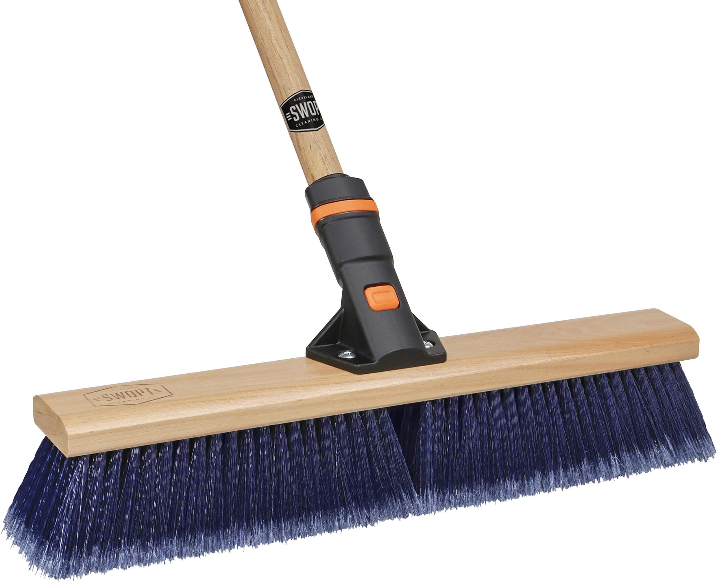 SWOPT 18” Premium Multi-Surface Push Broom + 60" EVA Foam Comfort Grip Wooden Handle, Combo — Broom Head w/ Long Handle Interchangeable w/ SWOPT Cleaning Heads — Indoor & Outdoor Push Broom Set, Blue