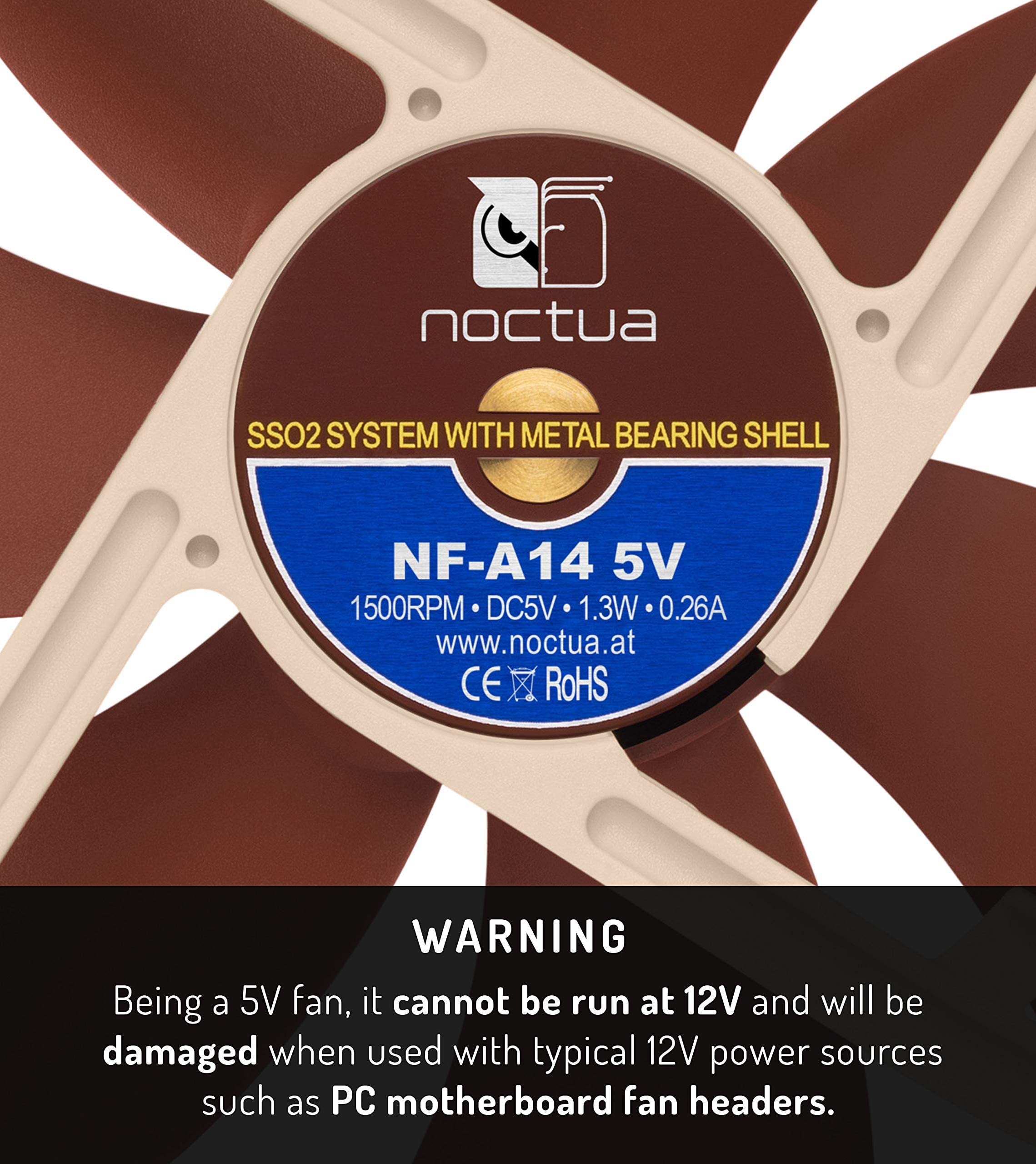 Noctua NF-A14 5V, Premium Quiet Fan with USB Power Adaptor Cable, 3-Pin, 5V Version (140mm, Brown)