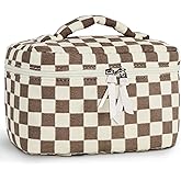 Prite Corduroy Makeup Bag Quilted Makeup Bag Large Floral Cosmetic Bag for Women Cute Travel Toiletry Bag with Handle(Light Checkerboard)