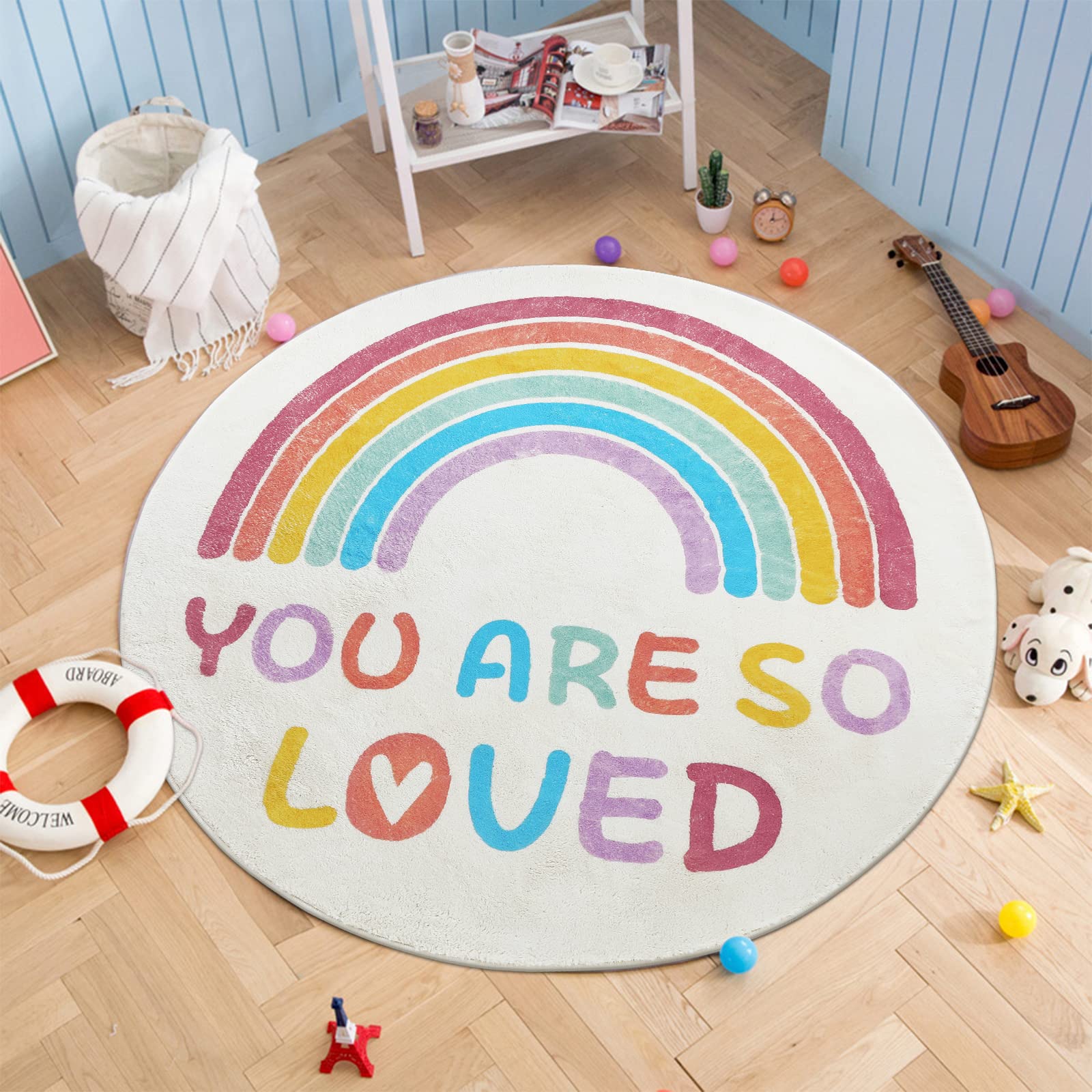 Enyhom Round 120cm/47.24inch Rainbow Kids Rug for Girls Bedroom Fluffy Circle Play Carpet Rugs, Non-slip Machine Washable Nursery Rugs Crawling Mat for Baby