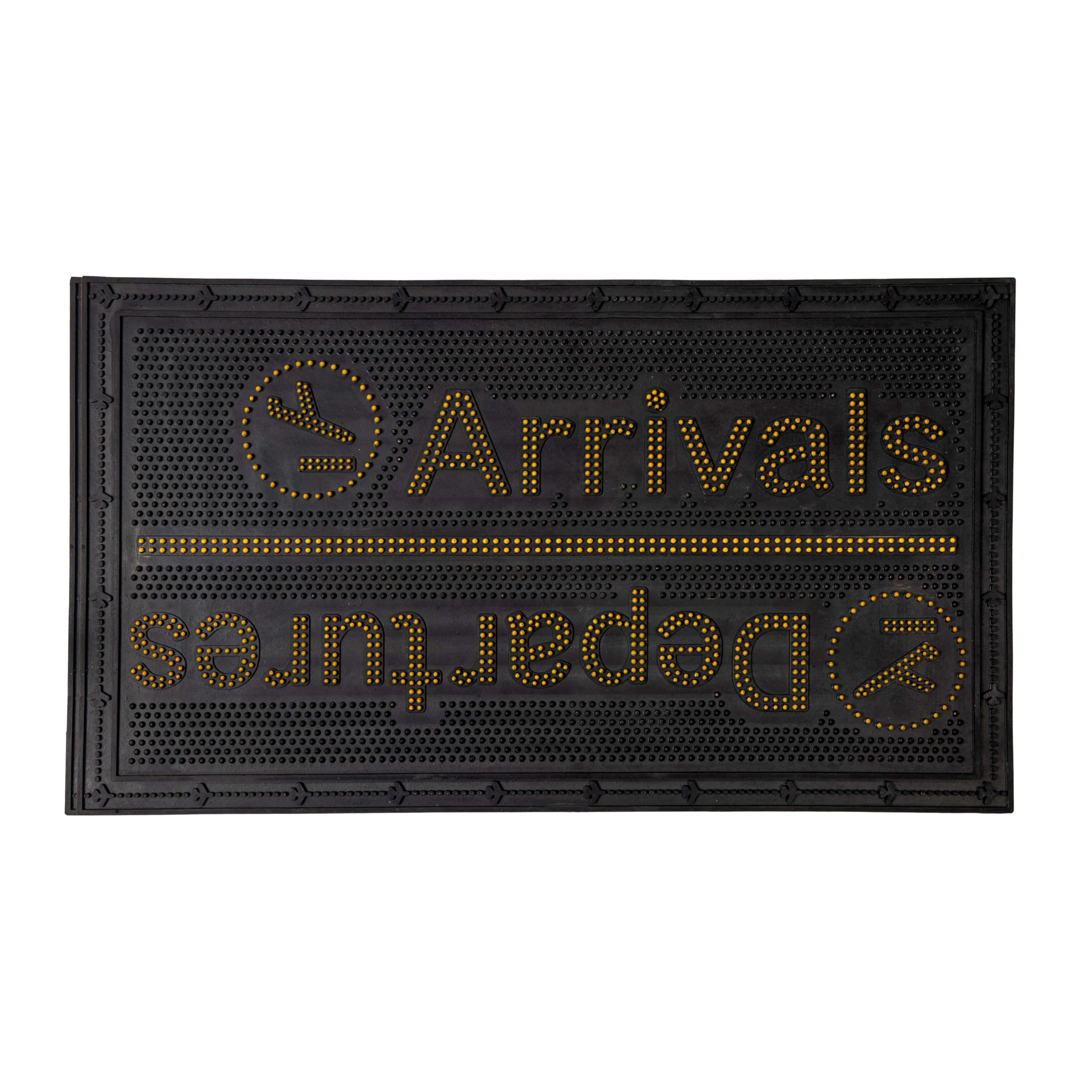 Fisura - Original Arrivals/Departures Black and Yellow Door Mat for Outdoors Entrance Door Mat with Spikes Rubber Door Mat with Message Doormat 70 x 40 cm