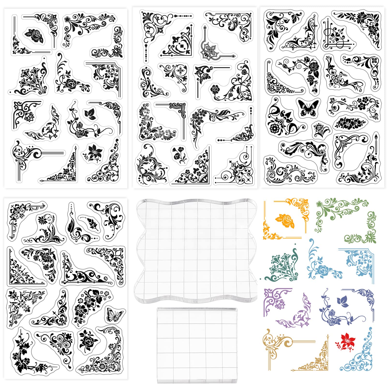 GLOBLELAND 4 Sheets Flowers Corner Clear Stamps Set Baroque Silicone Stamp Seals and 2pcs Acrylic Stamping Blocks Tools for Card Making Decoration DIY Scrapbooking