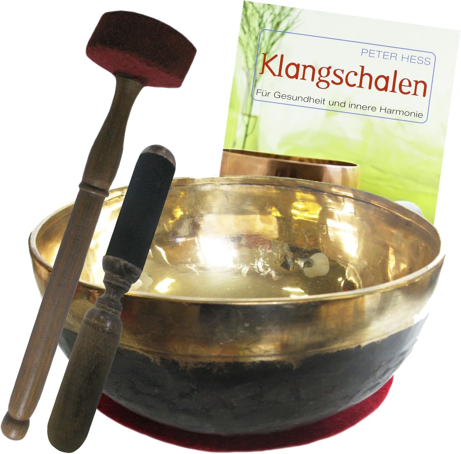 Peter Hess Singing Bowl Bengali 4-Piece Set with Book. Gold/Black Bengali Cover Therapy Singing Bowl | 2900 – 3100G 30/32 cm, # 70152/Sound Therapy Set with Cushions – Wooden Leather Klö