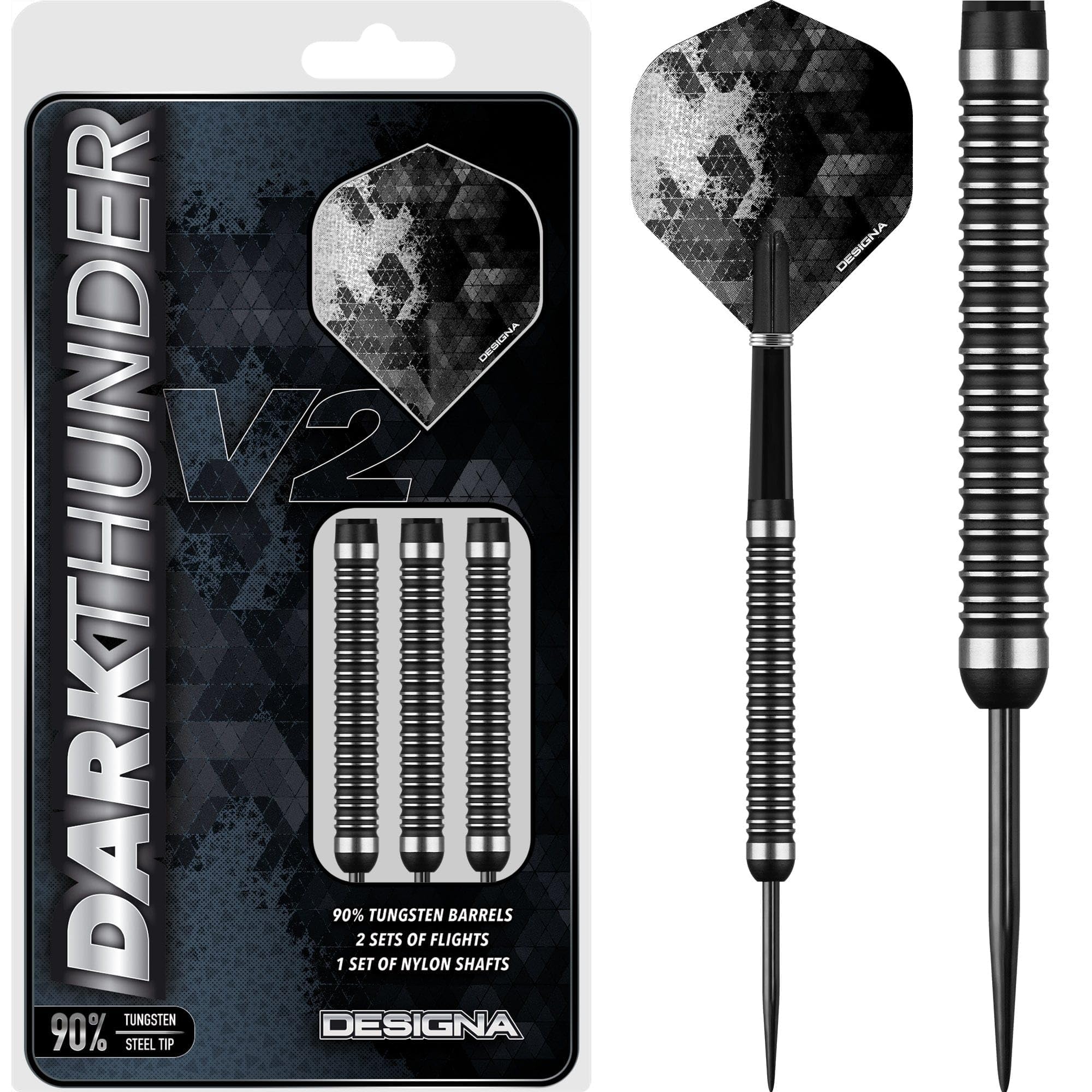 DESIGNA DARTS D3532 Dark Thunder | 22g Premium 90% Tungsten Barrel Steel Tip Dart Set With Twin Ringed Grip Including Flights and Nylon Shafts, Black