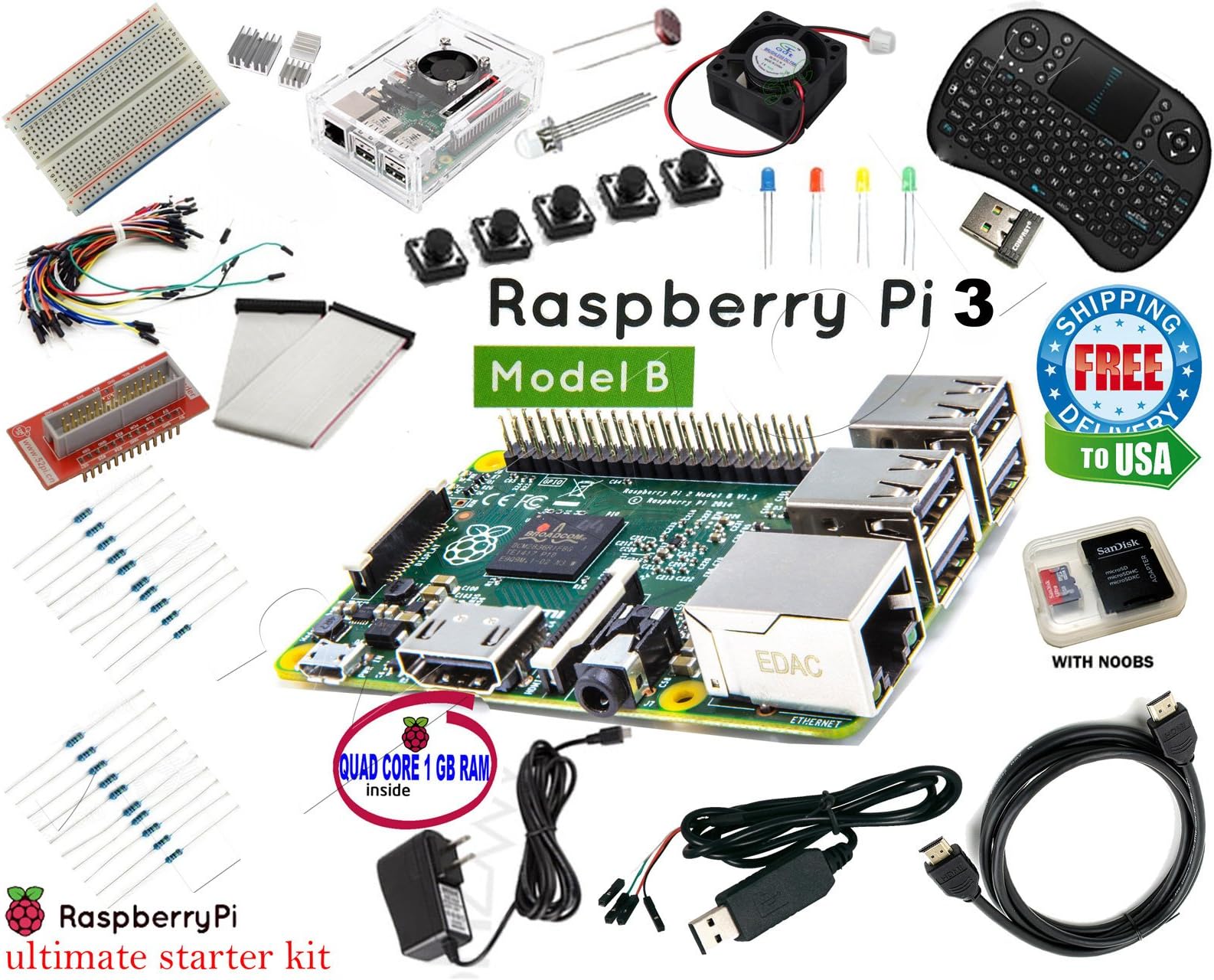 12voltnet Raspberry Pi 3 Ultimate Starter Kit Wifi Bluetooth HDMI, Breadboard SD Card Class 10 Ultra